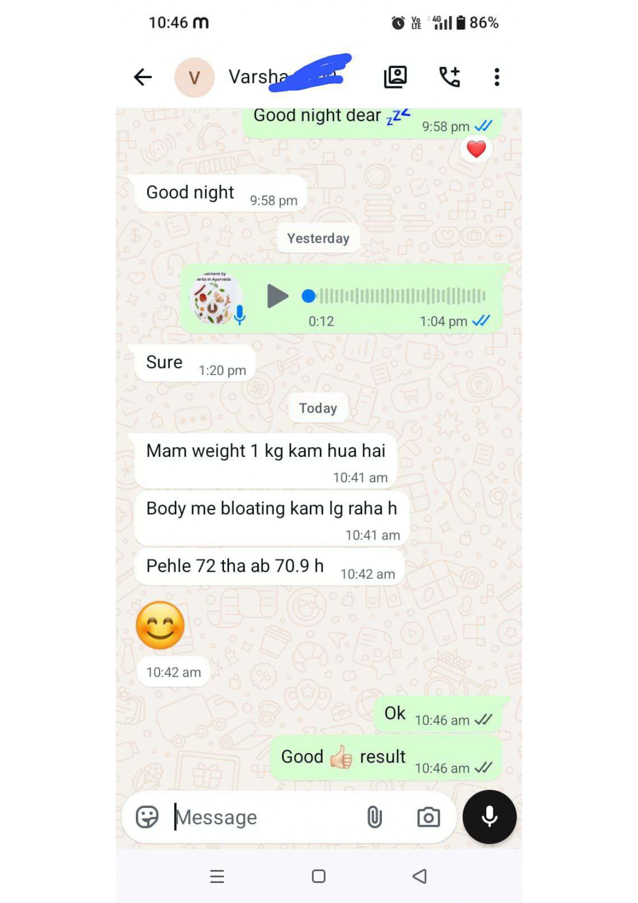 Real WhatsApp weight loss review from Varsha — Shubh Nidhi Ayurvedic customer