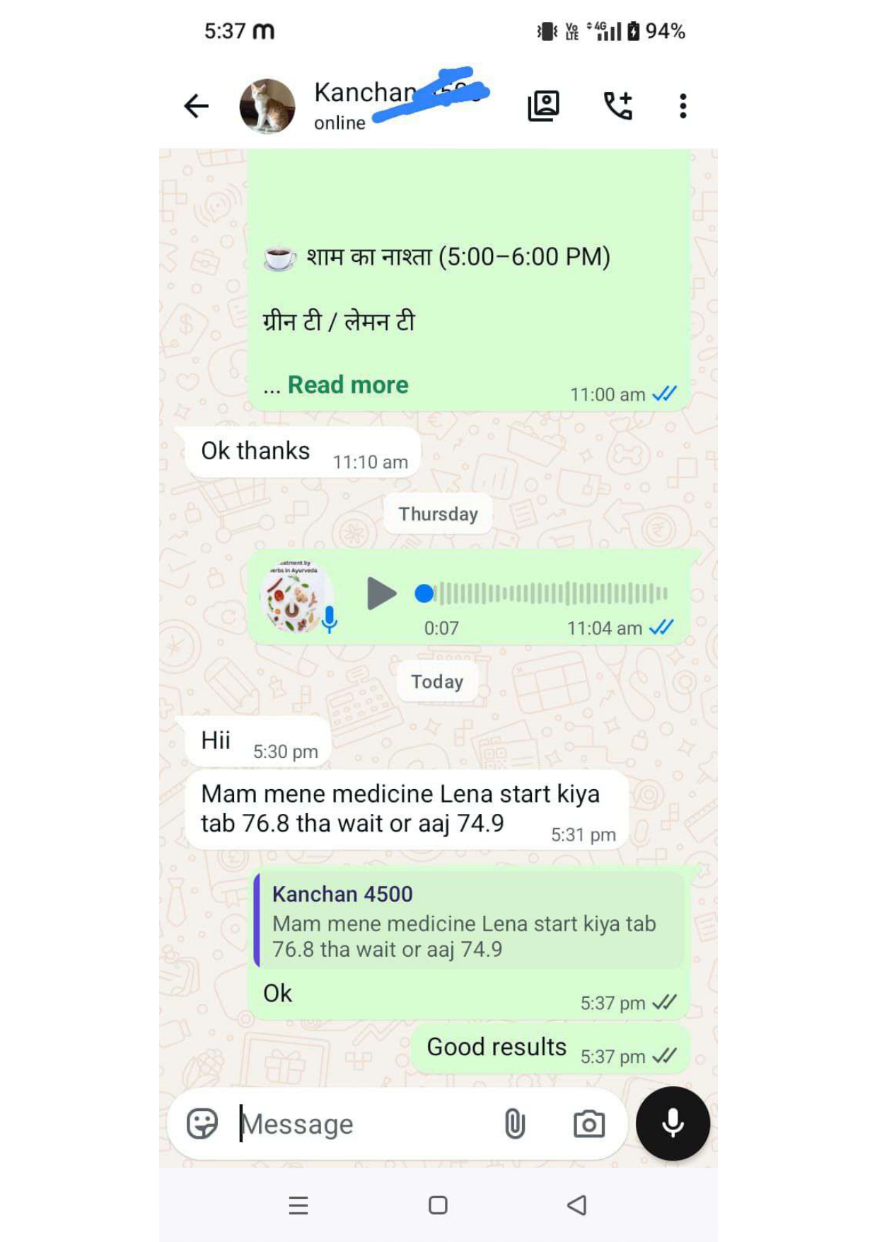 Real WhatsApp weight loss review from Kanchan — Shubh Nidhi Ayurvedic customer