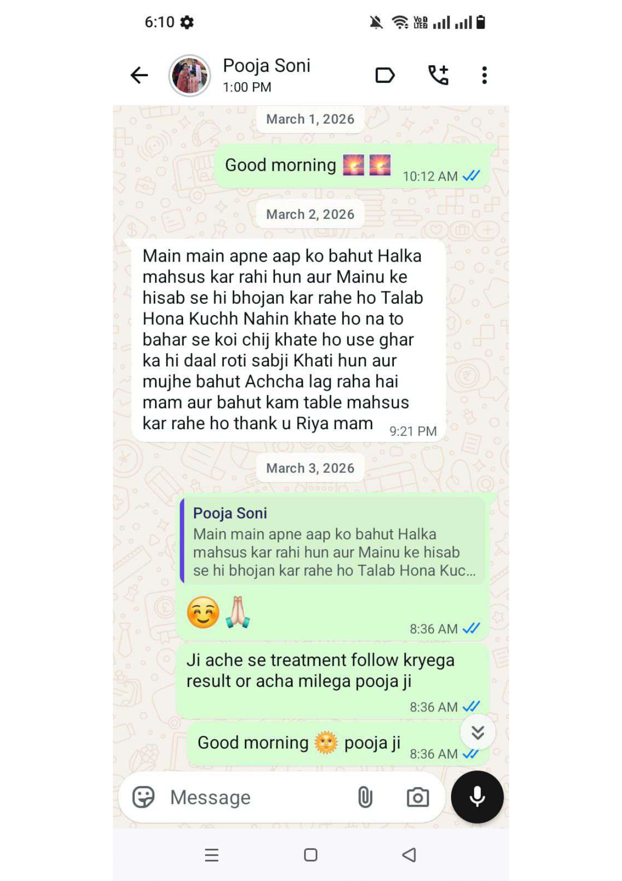 Real WhatsApp weight loss review from Pooja Soni — Shubh Nidhi Ayurvedic customer