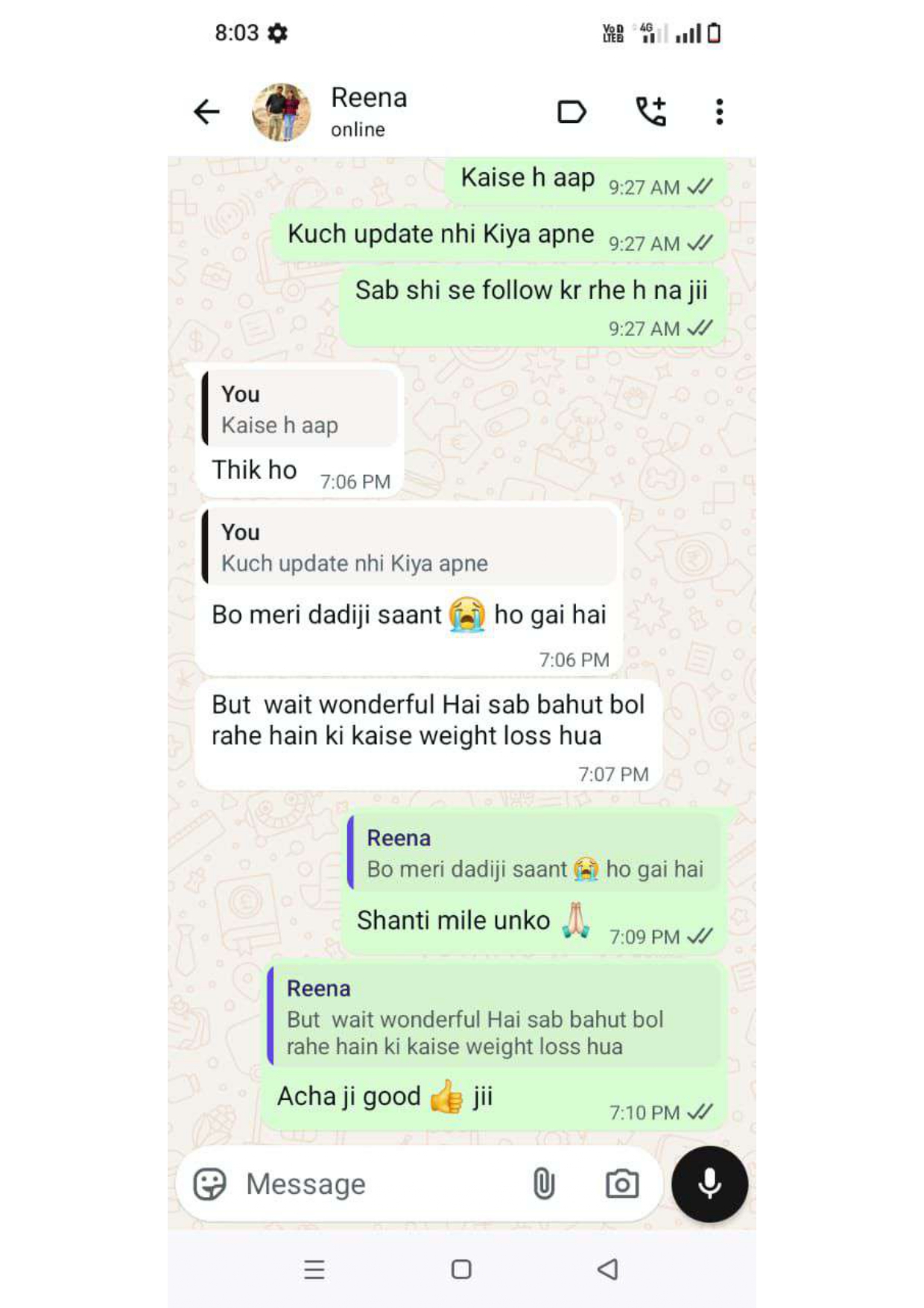 Real WhatsApp weight loss review from Reena — Shubh Nidhi Ayurvedic customer