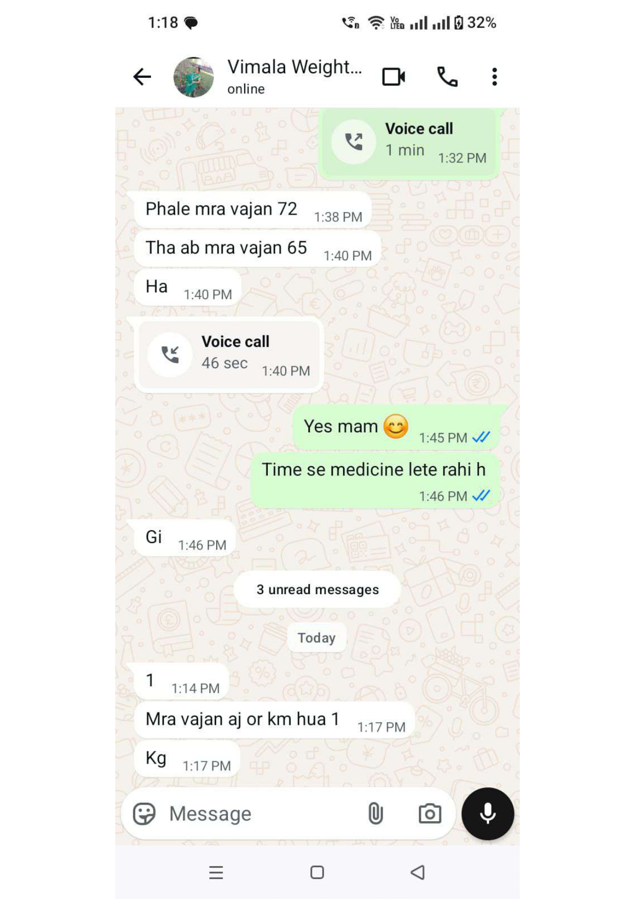 Real WhatsApp weight loss review from Vimala — Shubh Nidhi Ayurvedic customer