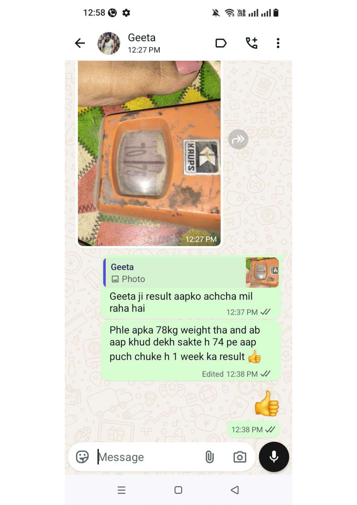 Real WhatsApp weight loss review from Geeta — Shubh Nidhi Ayurvedic customer
