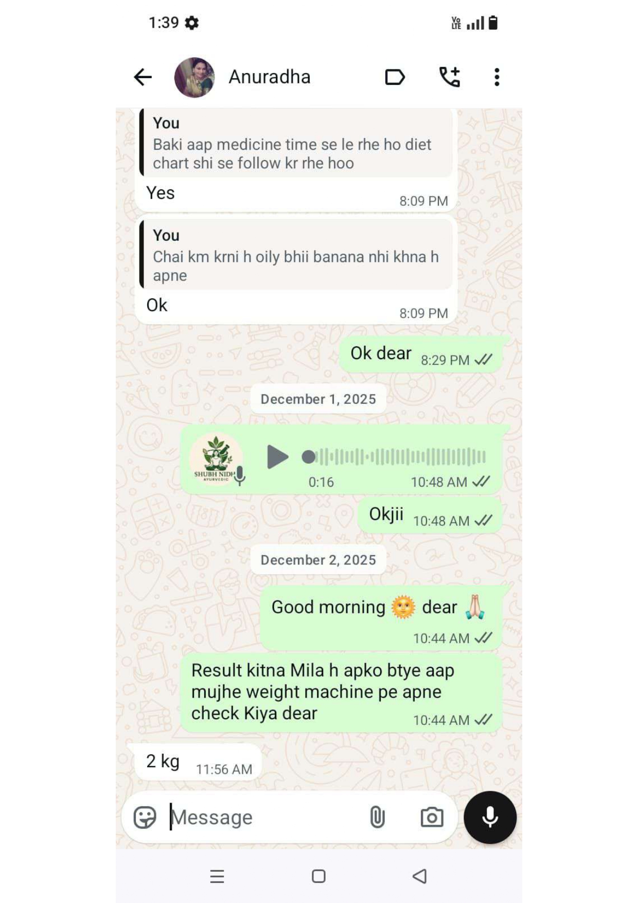 Real WhatsApp weight loss review from Anuradha — Shubh Nidhi Ayurvedic customer